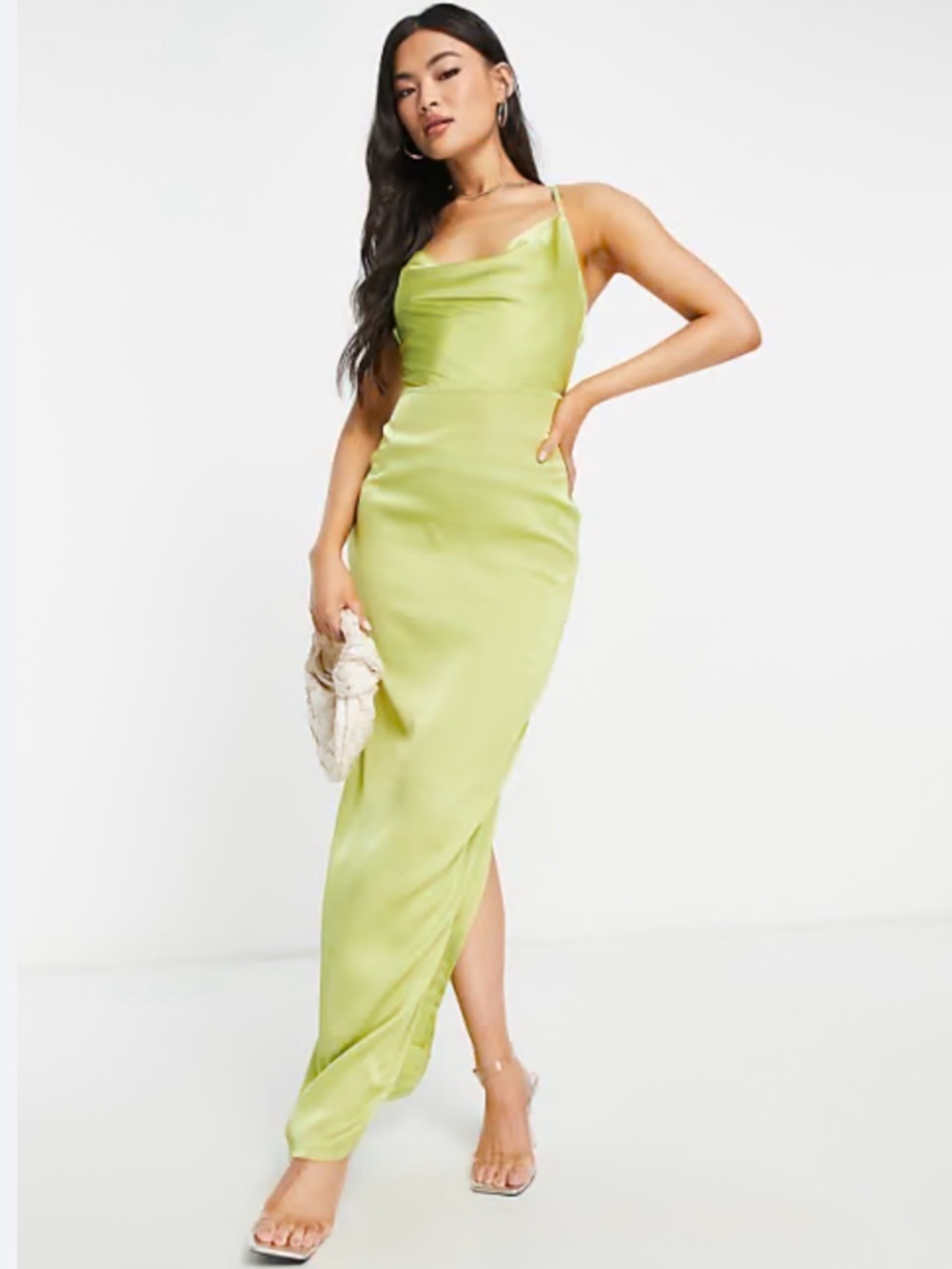 NaaNaa satin cowl neck maxi dress in lime size 12